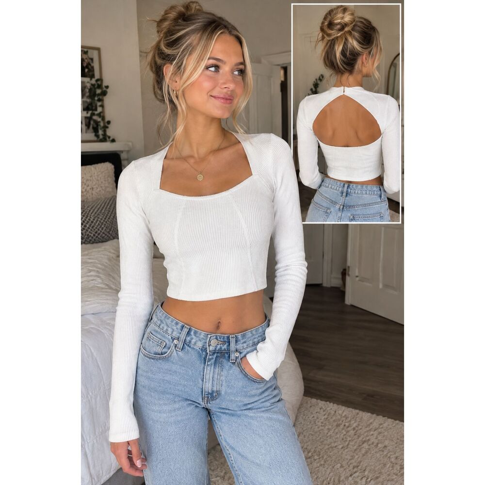 Princess Polly White Ribbed Knit Long Sleeve Open Back Cutout Cropped Top S Y2K